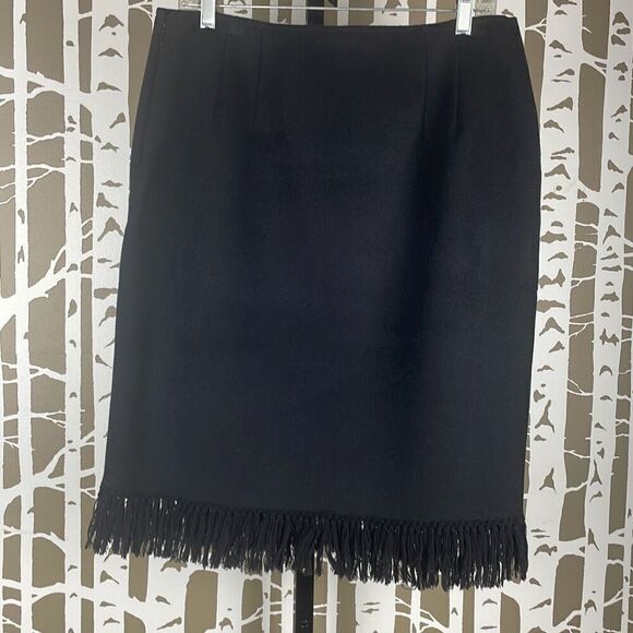 Ellen Tracy Fringe Trim Wool Felt Pencil Skirt 12 Black - Picture 2 of 8